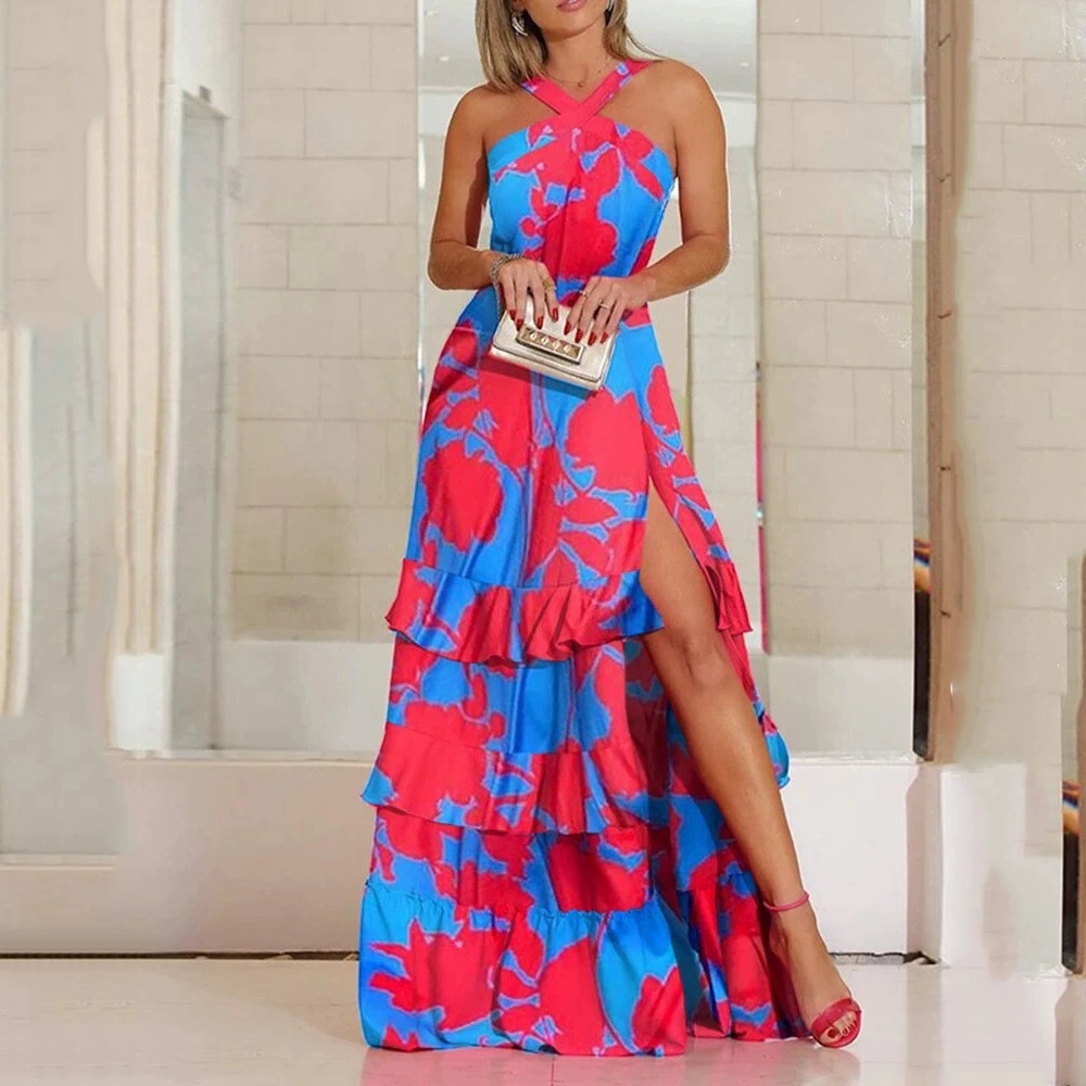 ZARA Summer Bohemian Print Spaghetti Strap V Neck Sleeveless Long Dress Women